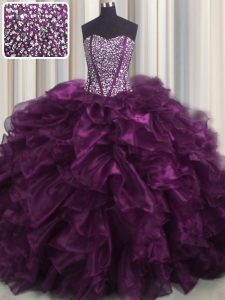 Visible Boning Dark Purple Sweetheart Lace Up Beading and Ruffles Quinceanera Gown Brush Train Sleeveless