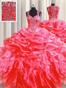 Pick Ups Zipper Up See Through Back Coral Red Ball Gowns Organza Straps Sleeveless Beading and Ruffles Floor Length Zipper Sweet 16 Dresses Sweep Train