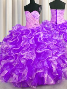 High Quality Purple Ball Gowns Beading and Ruffles Quinceanera Dress Lace Up Organza Sleeveless Floor Length