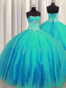 Lovely Big Puffy Floor Length Aqua Blue Quinceanera Gown Sweetheart Sleeveless Lace Up