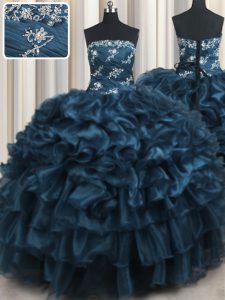 Suitable Navy Blue Sweet 16 Dresses Military Ball and Sweet 16 and Quinceanera with Appliques and Ruffles and Ruffled Layers Strapless Sleeveless Lace Up