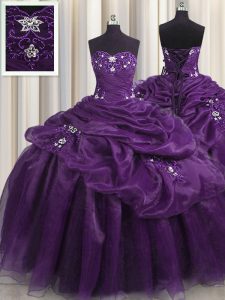 Sleeveless Floor Length Beading and Appliques and Ruffles Lace Up Sweet 16 Dress with Purple