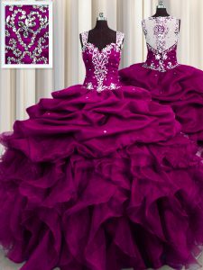 Low Price See Through Back Sleeveless Floor Length Beading and Ruffles and Sequins Zipper 15 Quinceanera Dress with Fuchsia