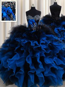 Shining Organza and Tulle Sweetheart Sleeveless Lace Up Beading and Ruffles Quinceanera Gowns in Royal Blue