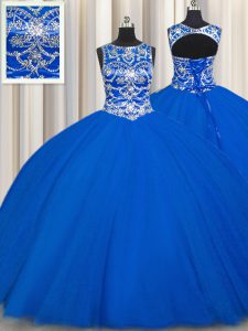 Stylish Royal Blue Ball Gowns Tulle Scoop Sleeveless Beading Floor Length Lace Up Quinceanera Dresses