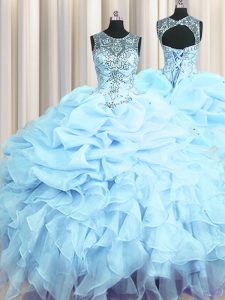Scoop See Through Light Blue Sleeveless Organza Lace Up 15th Birthday Dress for Military Ball and Sweet 16 and Quinceanera