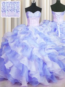 Two Tone Visible Boning Beading and Ruffles 15 Quinceanera Dress Multi-color Lace Up Sleeveless Floor Length