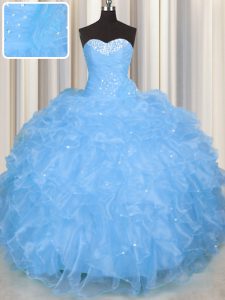 Fabulous Organza Sweetheart Sleeveless Lace Up Beading and Ruffles Quinceanera Gown in Baby Blue
