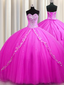 Sweep Train Sleeveless Tulle Floor Length Lace Up Ball Gown Prom Dress in Rose Pink with Beading