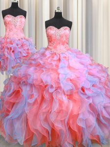Three Piece Floor Length Lace Up 15th Birthday Dress Multi-color for Military Ball and Sweet 16 and Quinceanera with Beading and Appliques and Ruffles