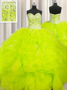 Visible Boning Beaded Bodice Sweetheart Sleeveless Quinceanera Dress Floor Length Beading and Ruffles Yellow Organza