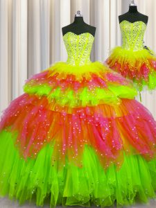 Three Piece Visible Boning Multi-color Ball Gown Prom Dress Military Ball and Sweet 16 and Quinceanera with Beading Sweetheart Sleeveless Lace Up