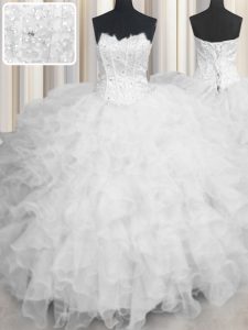 Scalloped Sleeveless Floor Length Beading and Ruffles Lace Up Quinceanera Dress with White