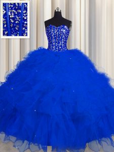 New Style Visible Boning Sweetheart Sleeveless Lace Up 15th Birthday Dress Royal Blue Tulle
