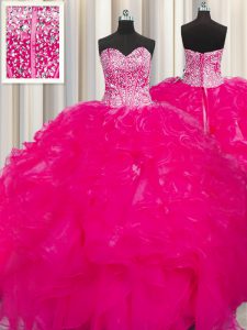 Visible Boning Beaded Bodice Sweetheart Sleeveless Lace Up Sweet 16 Quinceanera Dress Hot Pink Organza