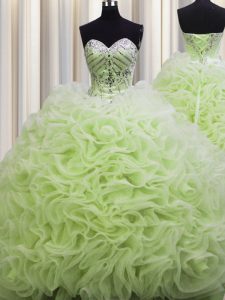 Rolling Flowers Brush Train Yellow Green Lace Up Quince Ball Gowns Beading and Pick Ups Sleeveless Floor Length