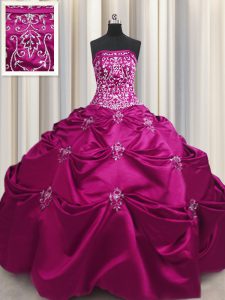 Fuchsia Ball Gowns Taffeta Strapless Sleeveless Beading and Appliques and Embroidery Floor Length Lace Up 15 Quinceanera Dress