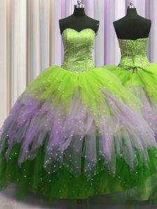 Delicate Visible Boning Multi-color Lace Up Vestidos de Quinceanera Beading and Ruffles and Sequins Sleeveless Floor Length