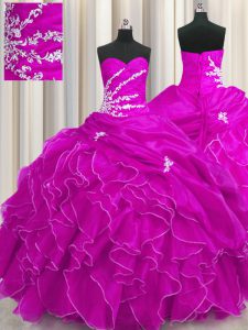 Trendy Fuchsia Sleeveless Organza Lace Up Sweet 16 Quinceanera Dress for Military Ball and Sweet 16 and Quinceanera