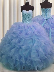 Sweetheart Sleeveless Quinceanera Dress Floor Length Beading and Ruffles Blue Organza
