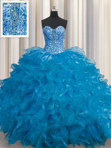 See Through Teal Sweet 16 Dress Military Ball and Sweet 16 and Quinceanera with Beading and Ruffles Sweetheart Sleeveless Lace Up
