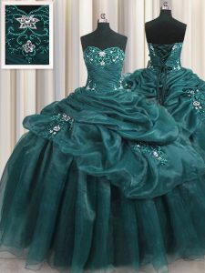 Admirable Sleeveless Floor Length Beading and Appliques and Ruffles Lace Up Ball Gown Prom Dress with Teal