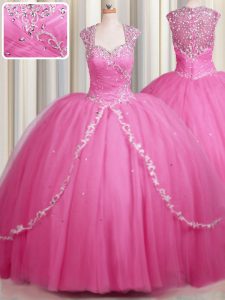 Comfortable Zipper Up Tulle Cap Sleeves With Train Vestidos de Quinceanera Brush Train and Beading and Appliques