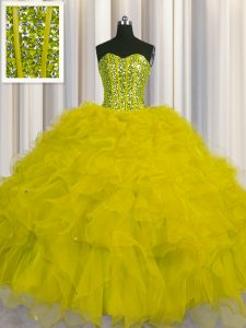 Visible Boning Tulle Sweetheart Sleeveless Lace Up Beading and Ruffles and Sequins 15th Birthday Dress in Yellow