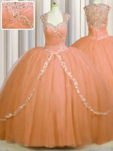 See Through Back Orange Zipper Sweetheart Beading and Appliques Quinceanera Dresses Tulle Cap Sleeves Brush Train