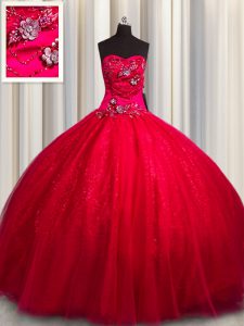 Red Tulle and Sequined Lace Up Sweetheart Sleeveless Floor Length 15th Birthday Dress Beading and Appliques