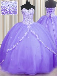 Organza Sweetheart Sleeveless Brush Train Lace Up Beading and Appliques 15th Birthday Dress in Lavender