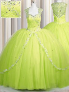 Edgy Zipper Up Tulle Cap Sleeves With Train 15th Birthday Dress Brush Train and Beading and Appliques