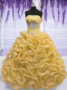 Custom Designed Sleeveless Organza Floor Length Lace Up 15th Birthday Dress in Gold with Beading