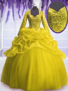 Perfect Yellow V-neck Neckline Sequins and Pick Ups Quinceanera Gowns Long Sleeves Zipper