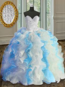 Comfortable Blue And White Ball Gowns Beading and Ruffles Sweet 16 Dress Lace Up Organza Sleeveless Floor Length