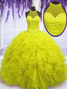 Sweet Yellow Ball Gowns Beading and Ruffles Quince Ball Gowns Lace Up Organza Sleeveless Floor Length