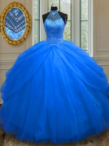 Halter Top Floor Length Royal Blue Quinceanera Dresses Tulle Sleeveless Beading