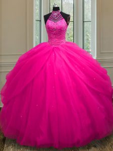 Halter Top Hot Pink Ball Gowns Beading and Sequins 15th Birthday Dress Lace Up Tulle Sleeveless Floor Length