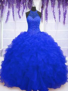 Sequins Floor Length Royal Blue Quinceanera Dress High-neck Sleeveless Lace Up