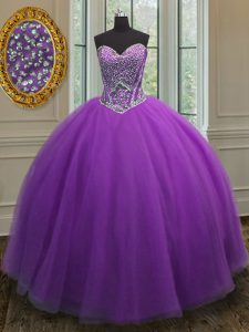 Floor Length Lace Up Vestidos de Quinceanera Eggplant Purple for Military Ball and Sweet 16 and Quinceanera with Beading