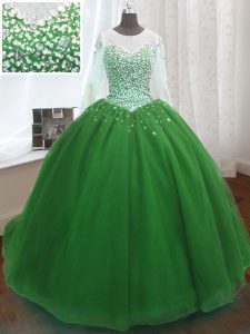 Scoop Organza Long Sleeves Quinceanera Dress Sweep Train and Beading and Sequins