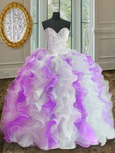 Custom Made White And Purple Organza Lace Up Ball Gown Prom Dress Sleeveless Floor Length Beading and Ruffles