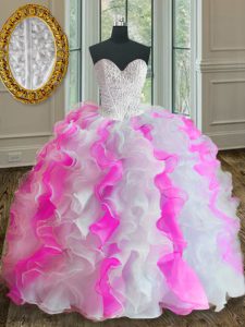 Stylish Floor Length Lace Up Quinceanera Dresses Pink And White for Military Ball and Sweet 16 and Quinceanera with Beading and Ruffles
