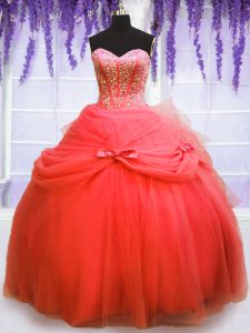 Customized Coral Red Lace Up Sweetheart Beading and Bowknot 15th Birthday Dress Tulle Sleeveless