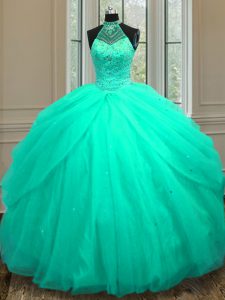 Halter Top Sleeveless Floor Length Beading and Sequins Lace Up Quinceanera Gown with Turquoise