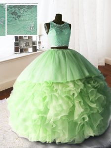 Scoop Organza and Tulle and Lace Zipper Quinceanera Gowns Sleeveless With Brush Train Beading and Lace and Ruffles