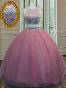 Pink Two Pieces Scoop Sleeveless Tulle Floor Length Zipper Ruffled Layers and Sashes ribbons Sweet 16 Dresses