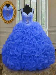 Nice Royal Blue Organza Zipper Straps Sleeveless Floor Length Quinceanera Dresses Beading and Ruffles