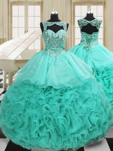 Apple Green 15th Birthday Dress Military Ball and Sweet 16 and Quinceanera with Beading and Ruffles Scoop Sleeveless Court Train Lace Up