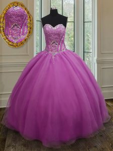 Fuchsia Vestidos de Quinceanera Military Ball and Sweet 16 and Quinceanera with Beading and Belt Sweetheart Sleeveless Lace Up